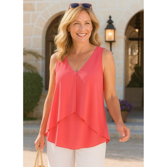 Soft Surroundings Coral Flutter Layered Women’s Shell Sleeveless Blouse Sz XL - Picture 1 of 11